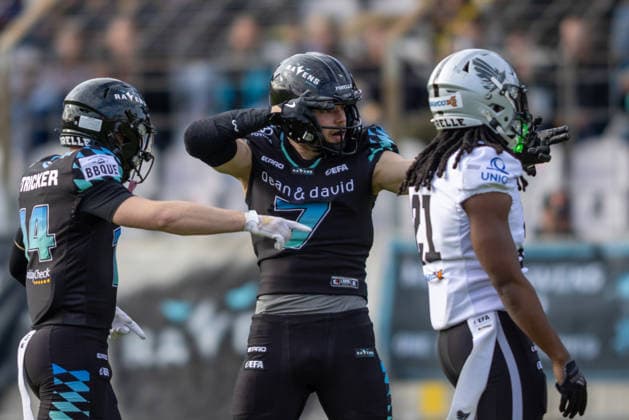 Louis Geyer (Munich Ravens, 07) Jubel, Celebration, Freude, Emotion, Feier Munich Ravens vs Raiders Tirol, American Football, European Football Alliance (EFA), Week 1, 2026, 17.05.2026, Munich Grünwalder Stadion Munich Germany Copyright: xFootxBowl BjörnxKeckerx