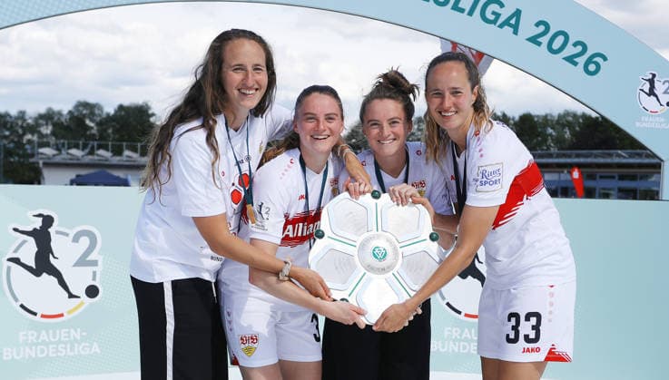 Sand , Soccer 2 Bundesliga , SC Sand vs VfB Stuttgart Women , , VfB celebrating with championship trophy , from left Tamar Dongus Joy Castor Gillian Castor Fabienne Dongus