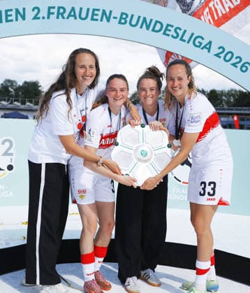 Sand , Soccer 2 Bundesliga , SC Sand vs VfB Stuttgart Women , , VfB celebrating with championship trophy , from left Tamar Dongus Joy Castor Gillian Castor Fabienne Dongus