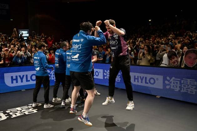 TT CL Hylo Final 4 Final 1 FC Saarbrücken TT Alliance Nimes Montpellier on 17 05 2026 in the Saarlandhalle in Saarbrücken Fan Zhendong Saarbrücken and Patrick Franziska Saarbrücken are looking forward to xJFx