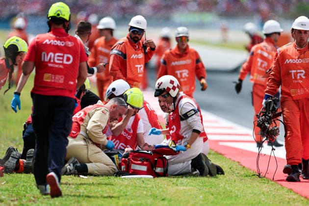 (260518) -- BARCELONA, May 18, 2026 -- BK8 Gresini Racing s Alex Marquez is assisted by paramedics after crashing during the MotoGP Grand Prix of Catalunya in Montmelo, Spain, May 17, 2026. (Photo by Xinhua) (SP)SPAIN-CATALUNYA-MOTOGP-GRAND PRIX QianxJun 