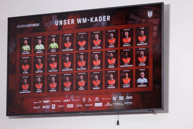 SOCCER - OEFB, PK, squad nomination VIENNA,AUSTRIA,18.MAY.26 - SOCCER - OEFB, Oesterreichischer Fussball-Bund, preview, press conference, PK, Pressekonferenz squad nomination. Image shows the squad on a screen.  GEPAxpictures xArminxRauthner