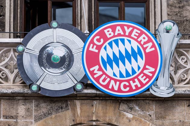 MUNICH, GERMANY - MAY 18: Branding at the balcony - German Champion, the FC Bayern Muenchen logo, DFB Pokal during the Meisterfeier of FC Bayern Muenchen women at Marienplatz on May 18, 2026 in Munich, Germany. Bavaria Germany Copyright: xSteffiexWunderlx