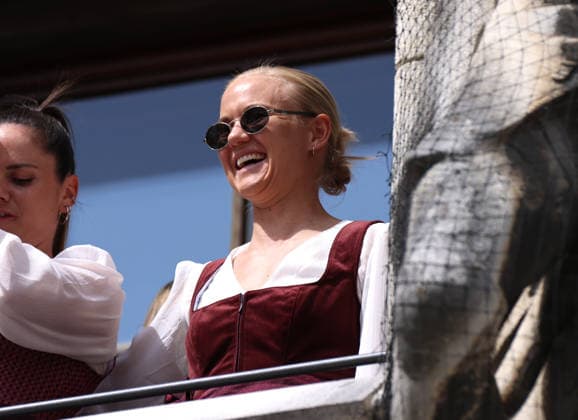 Football, Women, Bundesliga, Season 2025 2026, FC Bayern Munich,Women, Double celebration, City Hall balcony, Marienplatz Pernille Harder FC Bayern Munich on the balcony
