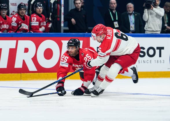 260518 Darnell Nurse of Canada and Oliver Kjaer of Denmark during the 2026 IIHF Ice Hockey World Championship match between Canada and Denmark on May 18, 2026 in Fribourg Photo Jesper Zerman BILDBYRAN kod JZ JZ0718 ishockey ice hockey ishockey vm 2026 vm 2026 iihf world championship kanada canada danmark denmark canada kanada bbeng danmark denmark  Copyright: JESPERxZERMAN BB260518JZ074