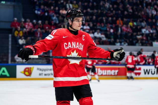 260518 Macklin Celebrini of Canada during the 2026 IIHF Ice Hockey World Championship match between Canada and Denmark on May 18, 2026 in Fribourg Photo Jesper Zerman BILDBYRAN kod JZ JZ0718 ishockey ice hockey ishockey vm 2026 vm 2026 iihf world championship kanada canada danmark denmark canada kanada bbeng danmark denmark  Copyright: JESPERxZERMAN BB260518JZ076