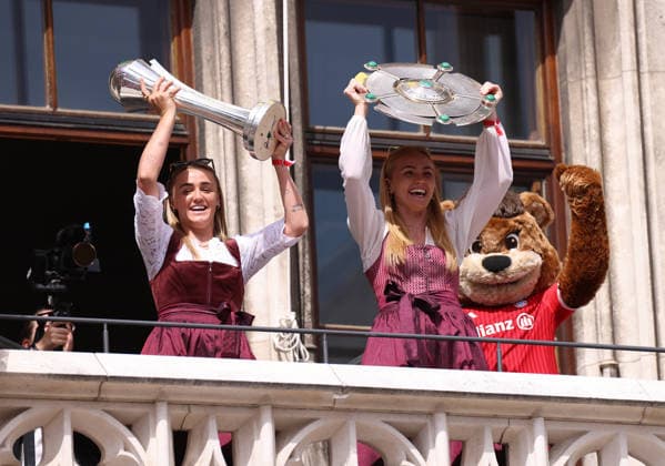 Football, Women, Bundesliga, Season 2025 2026, FC Bayern Munich,Women, Double celebration, City Hall Balcony, Marienplatz Georgia Stanway FC Bayern Munich left with the DFB Cup and Glodis Perla Viggosdottir FC Bayern Munich right with the championship trophy on the City Hall Balcony