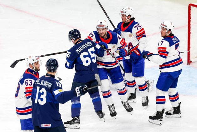 Ice hockey, Eishockey - IIHF WC 2026 ZURICH,SWITZERLAND,18.MAY.26 - ICE HOCKEY - IIHF Ice Hockey World Championship, WM, Weltmeisterschaft 2026, group stage, Finland vs USA. Image shows Sakari Manninen (FIN) and Paul Cotter (USA).  GEPAxpictures xMaticxKlansek