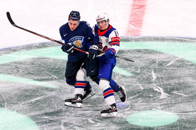 Ice hockey, Eishockey - IIHF WC 2026 ZURICH,SWITZERLAND,18.MAY.26 - ICE HOCKEY - IIHF Ice Hockey World Championship, WM, Weltmeisterschaft 2026, group stage, Finland vs USA. Image shows Waltteri Merela (FIN) and Oliver Moore (USA).  GEPAxpictures xMaticxKlansek