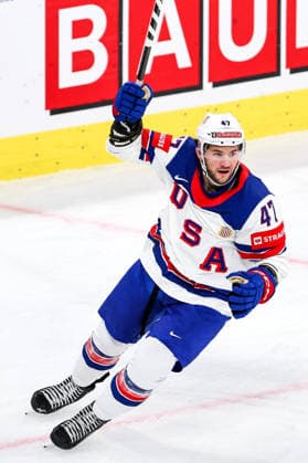 Ice hockey, Eishockey - IIHF WC 2026 ZURICH,SWITZERLAND,18.MAY.26 - ICE HOCKEY - IIHF Ice Hockey World Championship, WM, Weltmeisterschaft 2026, group stage, Finland vs USA. Image shows the rejoicing of Paul Cotter (USA).  GEPAxpictures xMaticxKlansek