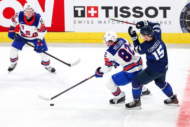 Ice hockey, Eishockey - IIHF WC 2026 ZURICH,SWITZERLAND,18.MAY.26 - ICE HOCKEY - IIHF Ice Hockey World Championship, WM, Weltmeisterschaft 2026, group stage, Finland vs USA. Image shows Max Plante (USA), Danny Nelson (USA) and Anton Lundell (FIN).  GEPAxpictures xMaticxKlansek