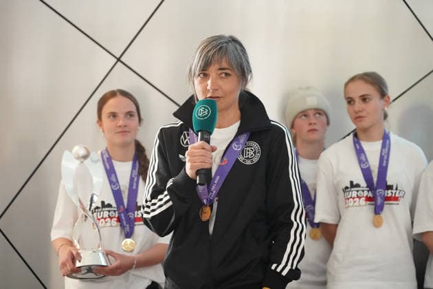 Coach Sabine Loderer and captain Johanna Hebben Germany U17 Frankfurt 18 05 2026 Reception for the U17 European champions at the DFB Campus