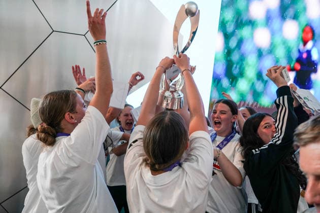 U17 junior national team celebrates the European Championship title on the stage of the DFB Campus Frankfurt 18 05 2026 Reception for the U17 European Champions at the DFB Campus