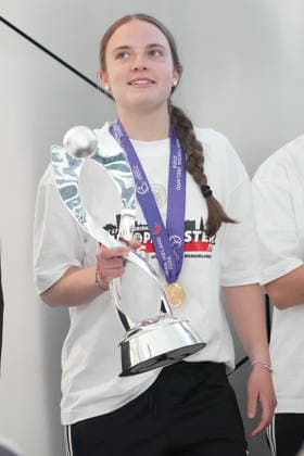 Captain Johanna Hebben Germany U17 with trophy and the team at the DFB Campus for the reception of the European champions Frankfurt 18 05 2026 Reception of the U17 European champions at the DFB Campus