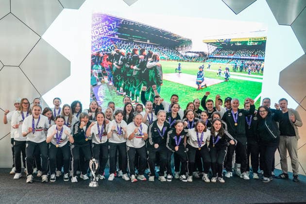 U17 junior national team celebrates the European championship title on the stage of the DFB Campus Frankfurt 18 05 2026 Reception for the U17 European champions at the DFB Campus