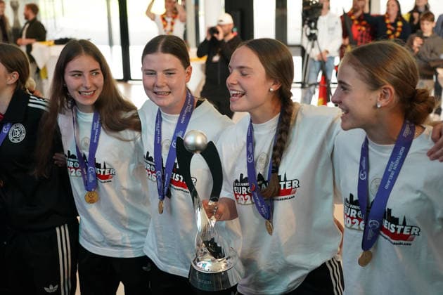 U17 junior national team celebrates the European championship title on the stage of the DFB Campus Frankfurt 18 05 2026 Reception for the U17 European champions at the DFB Campus