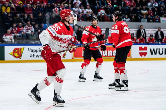260518 Nick Olesen of Denmark celebrates after 3 1 during the 2026 IIHF Ice Hockey World Championship match between Canada and Denmark on May 18, 2026 in Fribourg Photo Jesper Zerman BILDBYRAN kod JZ JZ0718 ishockey ice hockey ishockey vm 2026 vm 2026 iihf world championship kanada canada danmark denmark canada kanada bbeng jubel danmark denmark celebrates  Copyright: JESPERxZERMAN BB260518JZ096