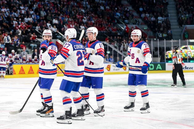 Ice hockey, Eishockey - IIHF WC 2026 ZURICH,SWITZERLAND,18.MAY.26 - ICE HOCKEY - IIHF Ice Hockey World Championship, WM, Weltmeisterschaft 2026, group stage, Finland vs USA. Image shows Isaac Howard+, Matt Coronato, Oliver Moore and Connor Clifton (USA).  GEPAxpictures xMaticxKlansek