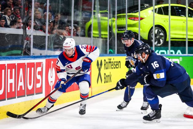 Ice hockey, Eishockey - IIHF WC 2026 ZURICH,SWITZERLAND,18.MAY.26 - ICE HOCKEY - IIHF Ice Hockey World Championship, WM, Weltmeisterschaft 2026, group stage, Finland vs USA. Image shows Matt Coronato (USA), Olli Maatta (FIN) and Aleksander Barkov (FIN).  GEPAxpictures xMaticxKlansek