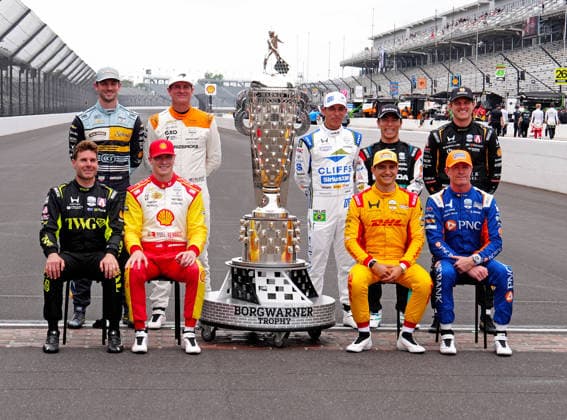 INDIANAPOLIS, IN - MAY 18: Past Indy 500 winning drivers that are starting in the 2026 Indianapolis 500 pose for a group photo at the yard of bricks with the Borg Warner Trophy before practice for the 110th Running of the Indianapolis 500 on May 18th, 2026, at the Indianapolis Motor Speedway in Indianapolis, Indiana. (Photo by Brian Spurlock Icon Sportswire) AUTO: MAY 18 NTT IndyCar, Indy Car, IRL, USA Series Indianapolis 500 Practice EDITORIAL USE ONLY Icon2605185003