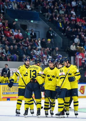 260518 Oliver Ekman Larsson, Lucas Raymond, Ivar Stenberg, Viggo Björck and Albert Johansson of Sweden during the 2026 IIHF Ice Hockey World Championship match between Sweden and Czech Republic on May 18, 2026 in Fribourg Photo Jesper Zerman BILDBYRAN kod JZ JZ0719 ishockey ice hockey ishockey vm 2026 vm 2026 iihf world championship sverige sweden tjeckien czech republic bbeng  Copyright: JESPERxZERMAN BB260518JZ119