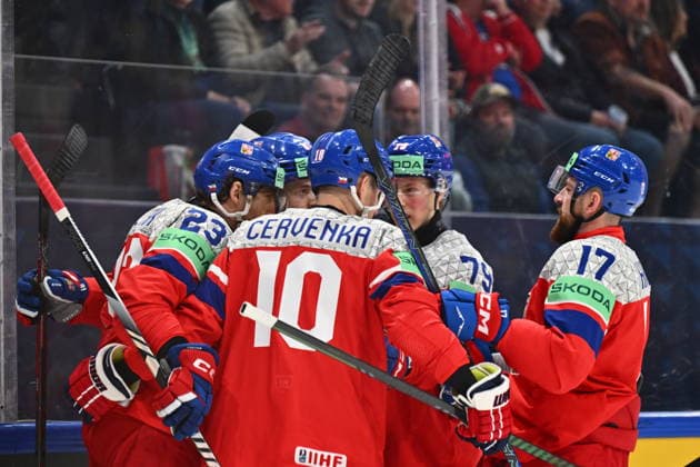 Czech players celebrate a goal during the IIHF World Championship, WM, Weltmeisterschaft Group B match Sweden vs Czech Republic on May 18, 2026, Fribourg, Switzerland. (CTKxPhoto RadekxPetrasek) CTKPhotoP2026051807775  CTKPhotoP2026051807775