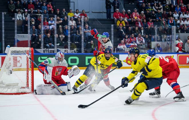 260518 Viggo Björck and Lucas Raymond of Sweden against Marek Alscher of Czech Republic during the 2026 IIHF Ice Hockey World Championship match between Sweden and Czech Republic on May 18, 2026 in Fribourg Photo Jesper Zerman BILDBYRAN kod JZ JZ0719 ishockey ice hockey ishockey vm 2026 vm 2026 iihf world championship sverige sweden tjeckien czech republic bbeng  Copyright: JESPERxZERMAN BB260518JZ129