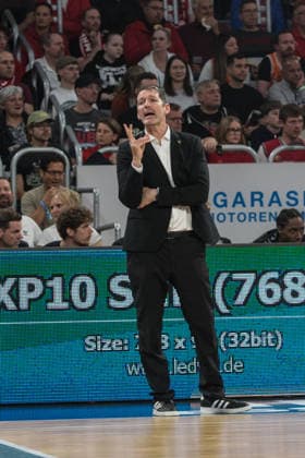 Bamberg, Germany 18 May 2026 1 BBL Playoff Quarterfinals 2025 2026 Sp 2 Bamberg Baskets vs Ratiopharm Ulm In the picture coach Ty Harrelson Ulm gestures with the referees Brose Arena Bayern Copyright: xFotostandx xSchmittx