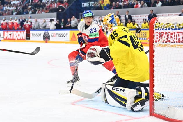 From left Lukas Sedlak of Czech Republic and goalkeeper Magnus Hellberg of Sweden in action during the IIHF World Championship, WM, Weltmeisterschaft Group B match Sweden vs Czech Republic on May 18, 2026, Fribourg, Switzerland. (CTKxPhoto RadekxPetrasek) CTKPhotoP2026051807858  CTKPhotoP2026051807858