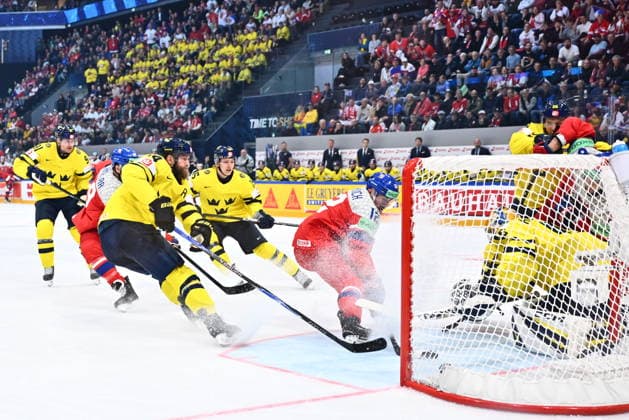 Jiri Cernoch of Czech Republic scores a goal during the IIHF World Championship, WM, Weltmeisterschaft Group B match Sweden vs Czech Republic on May 18, 2026, Fribourg, Switzerland. The goal was disallowed. (CTKxPhoto RadekxPetrasek) CTKPhotoP2026051807879  CTKPhotoP2026051807879