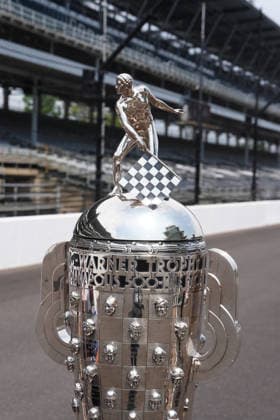 INDIANAPOLIS, IN - MAY 18: The Borg Warner Trophy is placed on the yard of bricks for a group driver photo to be taken before practice for the 110th Running of the Indianapolis 500 on May 18th, 2026, at the Indianapolis Motor Speedway in Indianapolis, Indiana. (Photo by Brian Spurlock Icon Sportswire) AUTO: MAY 18 NTT IndyCar, Indy Car, IRL, USA Series Indianapolis 500 Practice EDITORIAL USE ONLY Icon26051850023