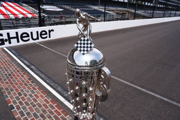 INDIANAPOLIS, IN - MAY 18: The Borg Warner Trophy is placed on the yard of bricks for a group driver photo to be taken before practice for the 110th Running of the Indianapolis 500 on May 18th, 2026, at the Indianapolis Motor Speedway in Indianapolis, Indiana. (Photo by Brian Spurlock Icon Sportswire) AUTO: MAY 18 NTT IndyCar, Indy Car, IRL, USA Series Indianapolis 500 Practice EDITORIAL USE ONLY Icon26051850027