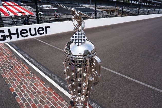 INDIANAPOLIS, IN - MAY 18: The Borg Warner Trophy is placed on the yard of bricks for a group driver photo to be taken before practice for the 110th Running of the Indianapolis 500 on May 18th, 2026, at the Indianapolis Motor Speedway in Indianapolis, Indiana. (Photo by Brian Spurlock Icon Sportswire) AUTO: MAY 18 NTT IndyCar, Indy Car, IRL, USA Series Indianapolis 500 Practice EDITORIAL USE ONLY Icon26051850025