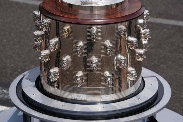 INDIANAPOLIS, IN - MAY 18: A close up of the base of the Borg Warner Trophy as seen on the yard of bricks before a group driver photo is taken before practice for the 110th Running of the Indianapolis 500 on May 18th, 2026, at the Indianapolis Motor Speedway in Indianapolis, Indiana. (Photo by Brian Spurlock Icon Sportswire) AUTO: MAY 18 NTT IndyCar, Indy Car, IRL, USA Series Indianapolis 500 Practice EDITORIAL USE ONLY Icon26051850030