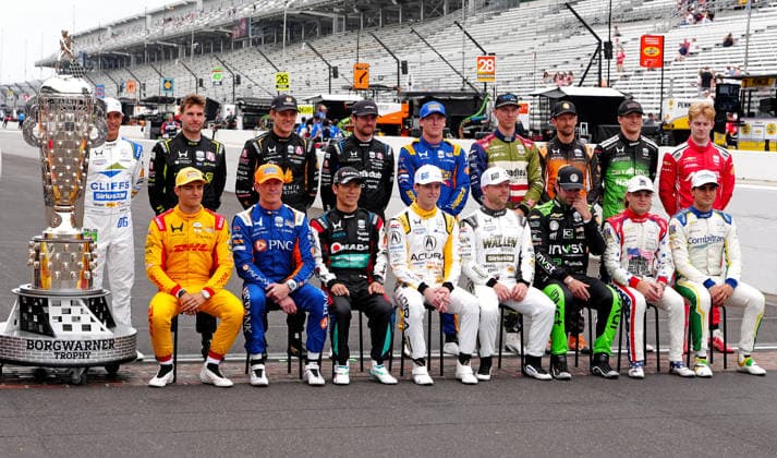 INDIANAPOLIS, IN - MAY 18: A group driver photo showing half of the field for the 2026 Indy 500 is taken before practice for the 110th Running of the Indianapolis 500 on May 18th, 2026, at the Indianapolis Motor Speedway in Indianapolis, Indiana. (Photo by Brian Spurlock Icon Sportswire) AUTO: MAY 18 NTT IndyCar, Indy Car, IRL, USA Series Indianapolis 500 Practice EDITORIAL USE ONLY Icon26051850032