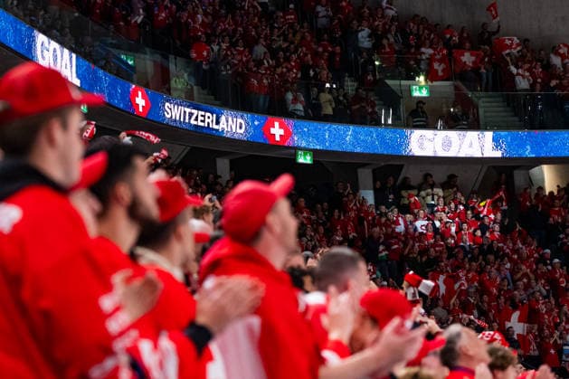 ZURICH, SWITZERLAND - MAY 18: Swiss Fans celebrating their Team for a goal during the Preliminary Round - Group A Match 19 between Germany and Switzerland at the IIHF Ice hockey, Eishockey World Championship, WM, Weltmeisterschaft 2026, Swiss Life Arena on May 18, 2026 in Zurich, Switzerland. Zurich Switzerland Copyright: xTimoxSteinx