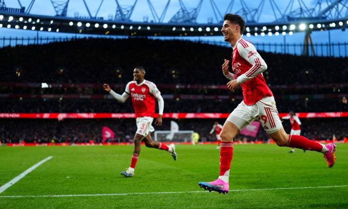 Kai Havertz of Arsenal celebrates scoring the opening goal Arsenal v Burnley, Premier League, Football, Emirates Stadium, London, UK - 18 May 2026London Emirates Stadium United Kingdom EDITORIAL USE ONLY No use with unauthorised audio, video, data, fixture lists, club league logos or live services. Online in-match use limited to 120 images, no video emulation. No use in betting, games or single club league player publications. Copyright: xJavierxGarcia Shutterstockx 16881286t