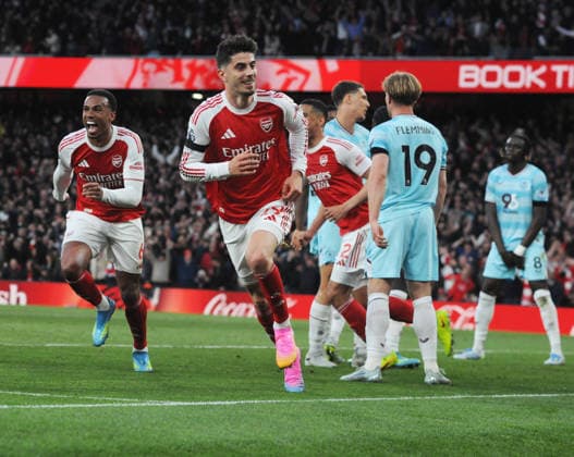 Football - 2025 2026 Arsenal v Burnley - Premier league. Emirates Stadium - Monday 18th May 2026 Kai Havertz of Arsenal celebrates his goal in the first half 
