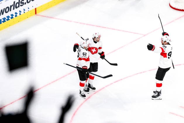 Ice hockey, Eishockey - IIHF WC 2026 ZURICH,SWITZERLAND,18.MAY.26 - ICE HOCKEY - IIHF Ice Hockey World Championship, WM, Weltmeisterschaft 2026, group stage, Germany vs Switzerland. Image shows the rejoicing of Denis Malgin (SUI), Nico Hischier (SUI) and Roman Josi (SUI).  GEPAxpictures xMaticxKlansek