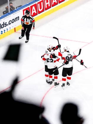 Ice hockey, Eishockey - IIHF WC 2026 ZURICH,SWITZERLAND,18.MAY.26 - ICE HOCKEY - IIHF Ice Hockey World Championship, WM, Weltmeisterschaft 2026, group stage, Germany vs Switzerland. Image shows the rejoicing of Denis Malgin (SUI), Nico Hischier (SUI) and Roman Josi (SUI).  GEPAxpictures xMaticxKlansek