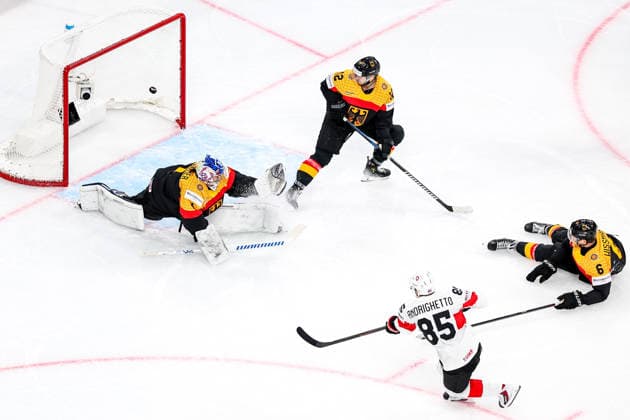 Ice hockey, Eishockey - IIHF WC 2026 ZURICH,SWITZERLAND,18.MAY.26 - ICE HOCKEY - IIHF Ice Hockey World Championship, WM, Weltmeisterschaft 2026, group stage, Germany vs Switzerland. Image shows Jonas Stettmer (GER), Eric Mik (GER), Sven Andrighetto (SUI) and Kai Wissmann (GER).  GEPAxpictures xMaticxKlansek