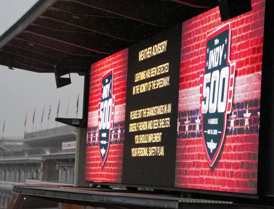 INDIANAPOLIS, IN - MAY 18: Signage shown indication spectators should take precautions and exit as rain falls ending practice for the 110th Running of the Indianapolis 500 on May 18th, 2026, at the Indianapolis Motor Speedway in Indianapolis, Indiana. (Photo by Brian Spurlock Icon Sportswire) AUTO: MAY 18 NTT IndyCar, Indy Car, IRL, USA Series Indianapolis 500 Practice EDITORIAL USE ONLY Icon26051850077