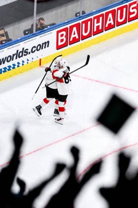 Ice hockey, Eishockey - IIHF WC 2026 ZURICH,SWITZERLAND,18.MAY.26 - ICE HOCKEY - IIHF Ice Hockey World Championship, WM, Weltmeisterschaft 2026, group stage, Germany vs Switzerland. Image shows the rejoicing of Denis Malgin (SUI) and Sven Andrighetto (SUI).  GEPAxpictures xMaticxKlansek