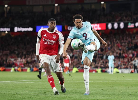 London, England, 18th May 2026. Cristhian Mosquera of Arsenal and Bashir Humphreys of Burnley during the Arsenal vs Burnley Premier League match at the Emirates Stadium, London. Picture credit should read: David Klein Sportimage EDITORIAL USE ONLY. No use with unauthorised audio, video, data, fixture lists, club league logos or live services. Online in-match use limited to 120 images, no video emulation. No use in betting, games or single club league player publications. SPI_025_DK_Arsenal_Burnley SPI-4808-0022
