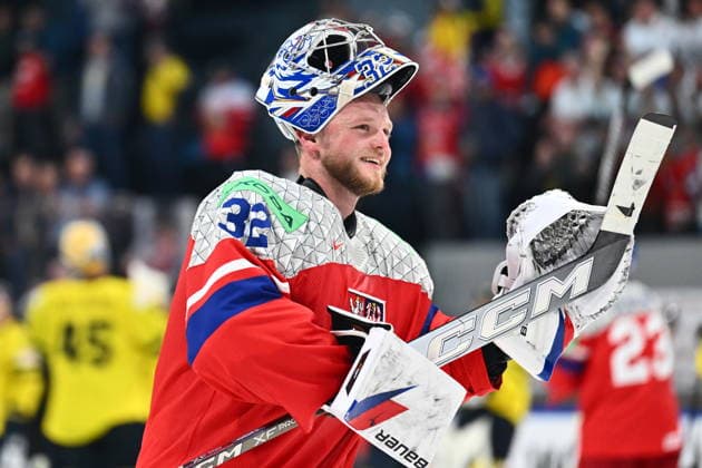 Goalkeeper Josef Korenar of Czech Republic celebrates after winning the IIHF World Championship, WM, Weltmeisterschaft Group B match Sweden vs Czech Republic on May 18, 2026, Fribourg, Switzerland. (CTKxPhoto RadekxPetrasek) CTKPhotoP2026051808774  CTKPhotoP2026051808774