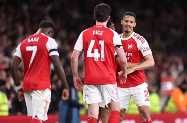 London, England, 18th May 2026. William Saliba of Arsenal celebrates on the final whistle during the Arsenal vs Burnley Premier League match at the Emirates Stadium, London. Picture credit should read: David Klein Sportimage EDITORIAL USE ONLY. No use with unauthorised audio, video, data, fixture lists, club league logos or live services. Online in-match use limited to 120 images, no video emulation. No use in betting, games or single club league player publications. SPI_032_DK_Arsenal_Burnley SPI-4808-0028