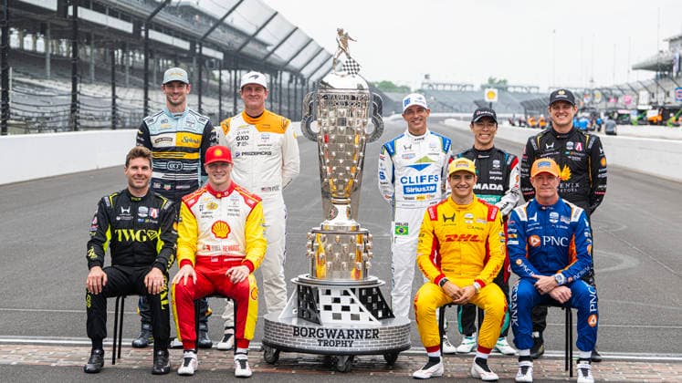 May 18, 2026, Indianapolis, Indiana, USA: Previous winners of the Indianapolis 500 pose for a photo along with the Borg-Warner Trophy during Mondays photo session at the Indianapolis Motor Speedway. Back row: Alexander Rossi, Ryan -Hunter Reay, Hello Castroneves, Takuma Sato, and Marcus Ericsson. Front row: Will Power, Josef Newgarden, Alex Palos and Scott Dixon. Monday, May 18, 2026. Indianapolis USA - ZUMAr44_ 20260518_zsp_r44_004 Copyright: xThomasxJ.xRussox