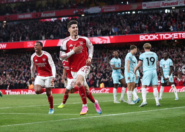 London, England, 18th May 2026. Kai Havertz of Arsenal celebrates the first goal during the Arsenal vs Burnley Premier League match at the Emirates Stadium, London. Picture credit should read: David Klein Sportimage EDITORIAL USE ONLY. No use with unauthorised audio, video, data, fixture lists, club league logos or live services. Online in-match use limited to 120 images, no video emulation. No use in betting, games or single club league player publications. SPI_054_DK_Arsenal_Burnley SPI-4808-0052