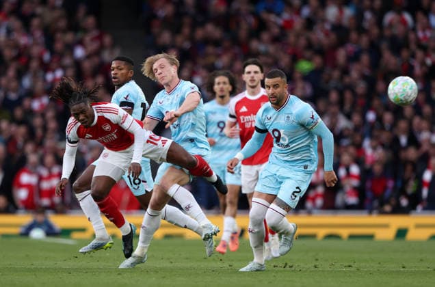 Eberechi Eze (A) Zian Flemming (B) Kyle Walker (B) at the Arsenal v Burnley EPL match, at the Emirates Stadium, London, UK on 18th May, 2026. 
