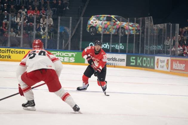 FRIBOURG, FRIBOURG - MAY 18: Felix Scheel of Denmark battles with Parker Wotherspoon of Canada during the 2026 IIHF World Championship, WM, Weltmeisterschaft Preliminary Round Group B match between Canada and Denmark at BCF Arena on May 18, 2026 in Fribourg, Fribourg, Switzerland. Copyright: xLivioxBaeriswylx xSPPx Sportspressphoto_SPR149912